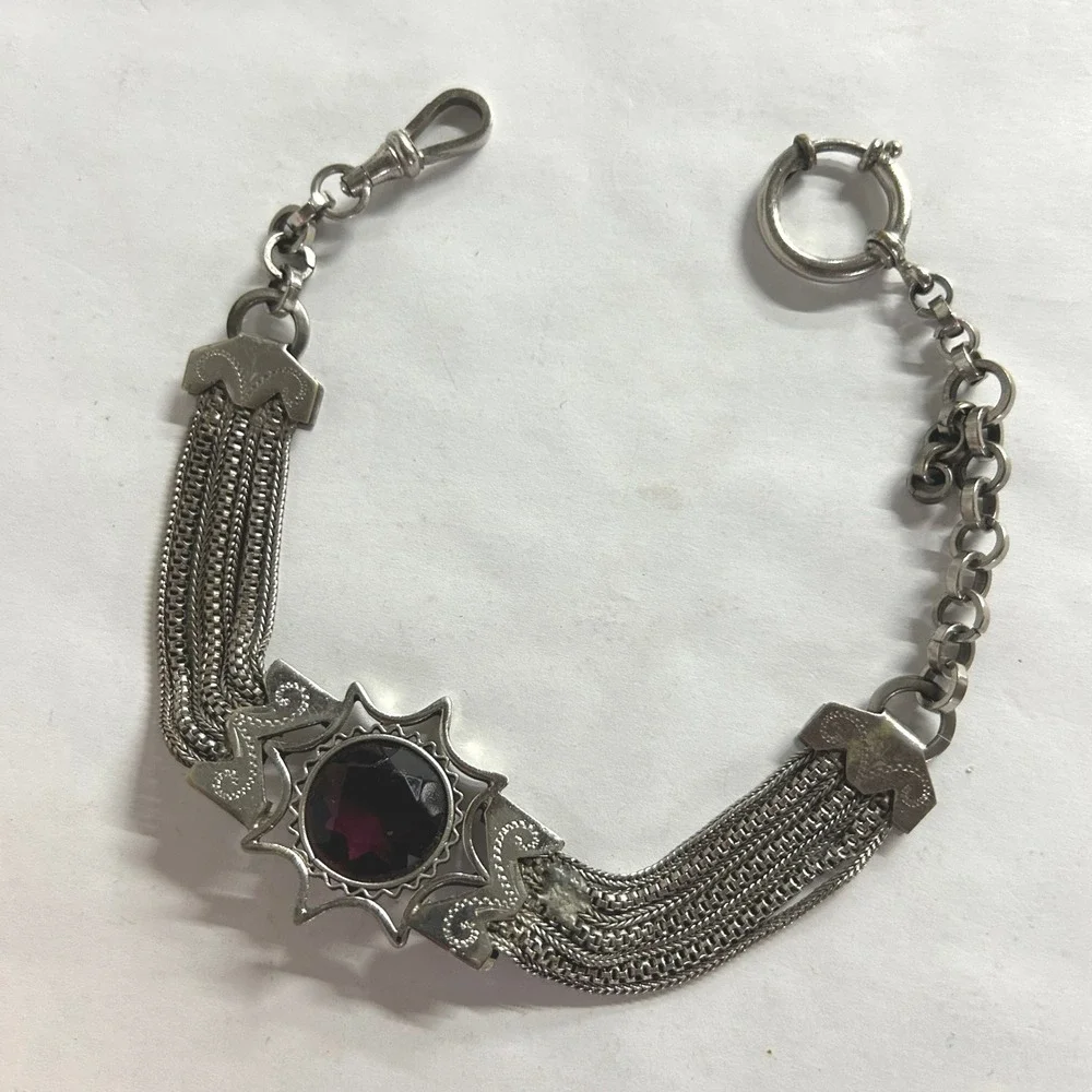 Victorian Style Pocket Watch Chain Purple Faux Amethyst Silver Goth Steampunk